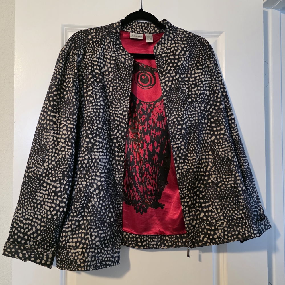 Chico's Sneaking Animal Wise Jacket Graphic Owl Black Red Satin Lined-Size 3